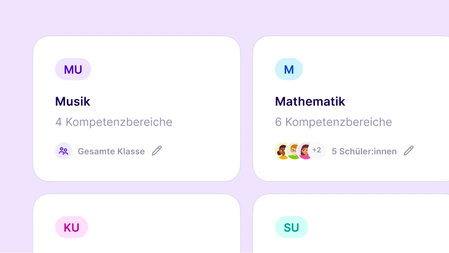 Vorbereitete Fächer mit ihren Kompetenzbereichen in Digidoo.